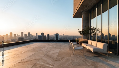 Luxury rooftop terrace with outdoor sofa and panoramic city skyline at sunset | Premium urban outdoor living space showcasing modern architecture and expansive views