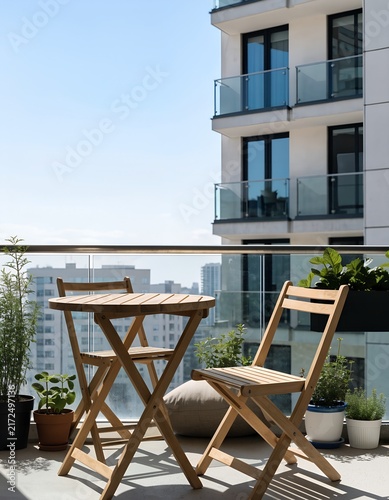 Small balcony with folding wooden table and chairs surrounded by potted plants | Urban apartment outdoor dining nook with city skyline backdrop