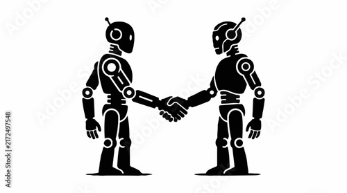 Two robots shaking hands against a white background