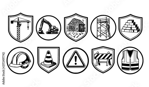 Construction Safety Building and Engineering Black White Badge Vector Icons