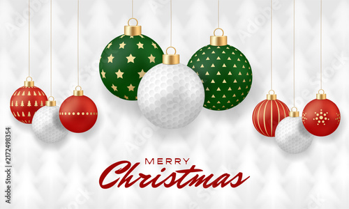 Golf Christmas Unique golf ball and traditional Christmas ornaments hanging festively for a joyful holiday season greeting.