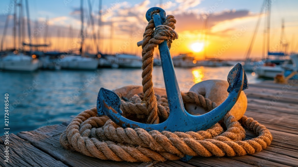 Obraz premium Classic blue anchor and marine rope on a wooden pier at sunset, with sailboats in a tranquil harbor. Ideal for maritime themes and coastal travel concepts.