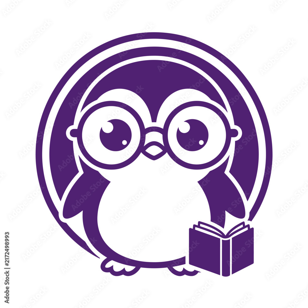 Obraz premium Cute purple penguin mascot wearing round glasses reading a book inside a circular frame for education and school library branding design