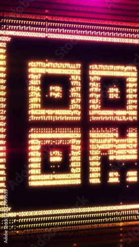QR code symbol emerging from futuristic data stream on computer screen