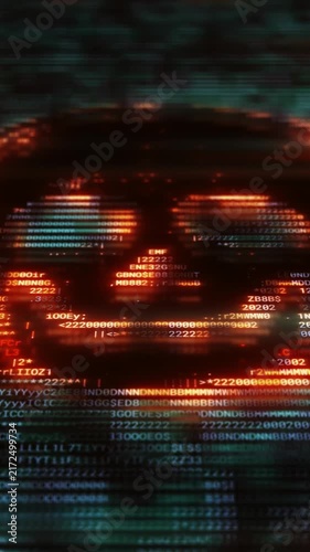Glowing digital skull and crossbones emerging from flowing computer code