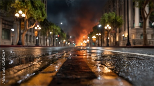 Nighttime urban street with wet pavement reflecting lights, lined with buildings and trees, and a distant fire or large orange glow creating smoke in the background.