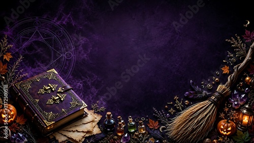 christmas background with gift Dark Magic Witchcraft Halloween Background Featuring Ancient Spellbook Broomstick Glowing Magic Circle Potion Bottles and Jack-O-Lantern Pumpkins on Purple Smoke Texture