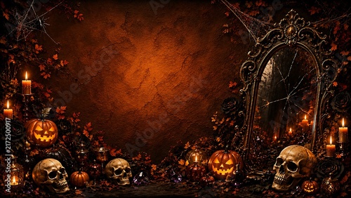 Dark Gothic Halloween Background Featuring Cracked Ornamental Mirror Glowing Jack-O-Lantern Pumpkins Skulls Candles Black Roses and Cobwebs with Copy Space