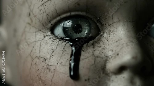 Cinematic 4K Haunted Porcelain Doll Face with Cracked Texture Crying Single Black Liquid Tear in Spooky Macro Horror Detail