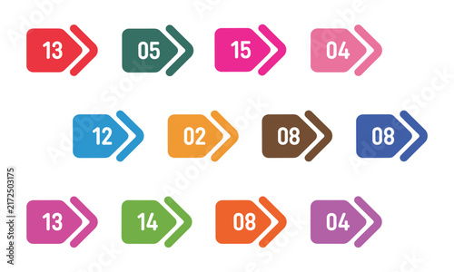 Set of colorful numbered arrow shapes indicating progress or steps in a sequence with white backgrounds
