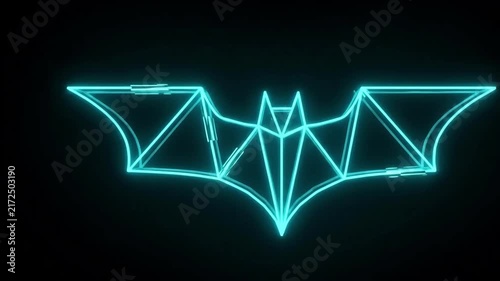 Premium 4K Neon Cyan Geometric Bat Icon with Digital Glitch Effect on Black Background Seamless Loop for Halloween Party