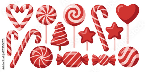Bild auf Leinwand Collection of red and white striped christmas candy, including candy canes, loll