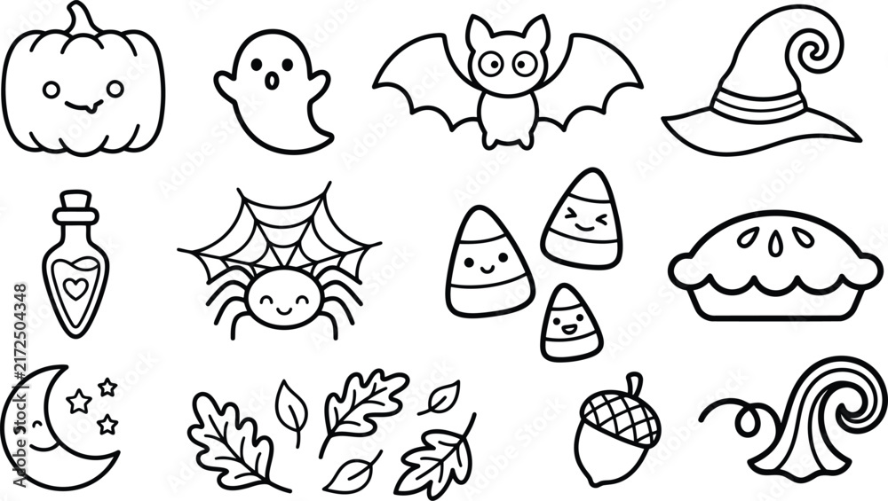 Fototapeta premium Kawaii halloween characters set with pumpkin spider web candy corn and pie for festive autumn graphics.