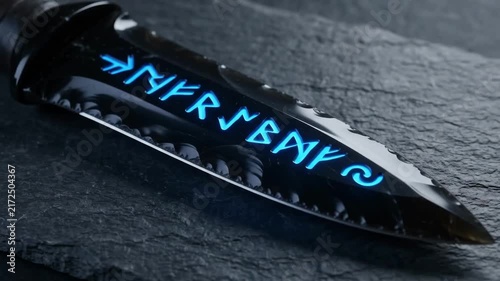 Cinematic 4K Premium Mystical Ritual Dagger Pulsing with Glowing Blue Ancient Runes on Dark Stone Background Seamless Loop