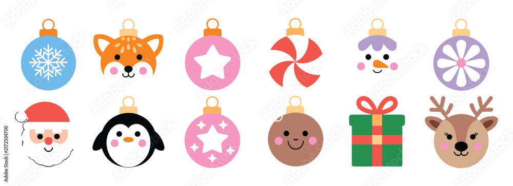 Fototapeta premium Set of flat christmas ornaments featuring cute animal faces, holiday and festive patterns in pastel and bright colors
