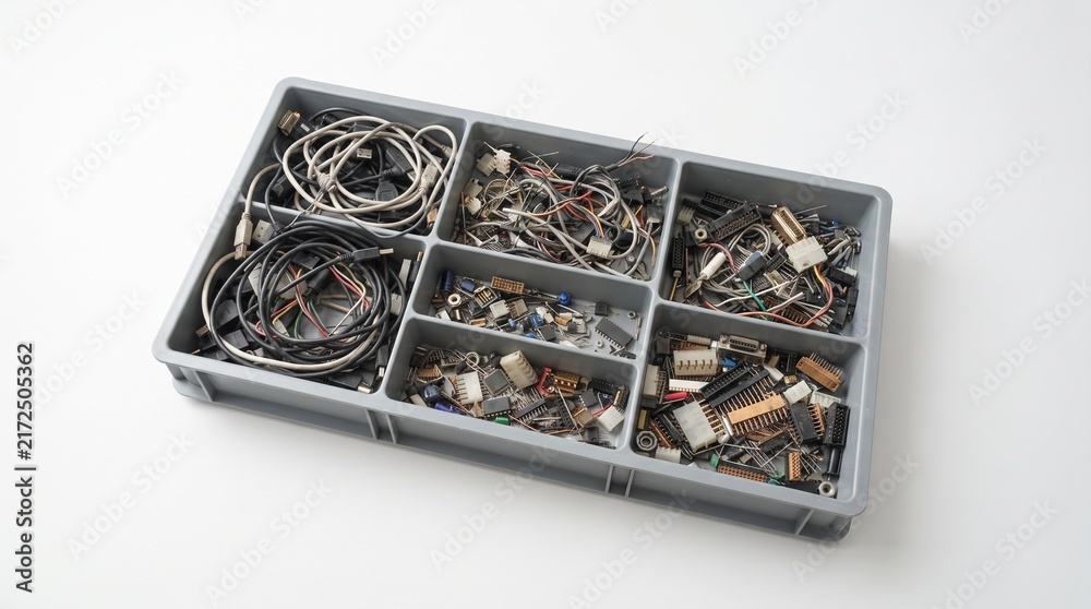 Fototapeta premium Compartment sorting tray filled with electronic waste and small recycled parts on light background.