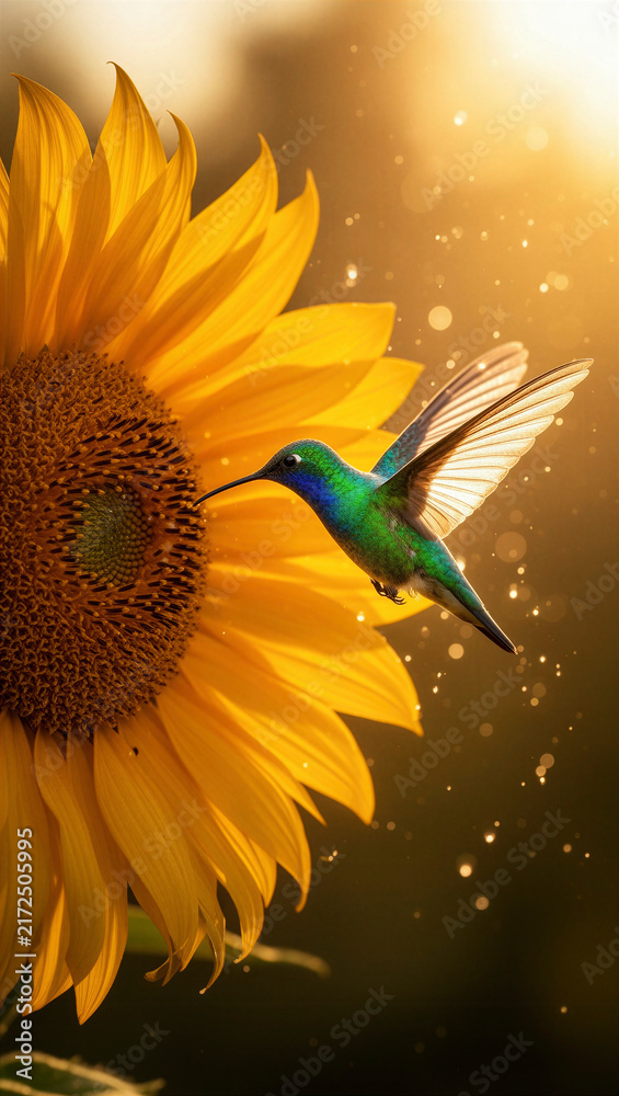 Obraz premium colibrí, ave, pájaro, hummingbird, naturaleza, vida silvestre, fauna, jardín, flor, girasol, néctar, polinización, polinizador, alas, vuelo, vuelo de colibrí, ave tropical, ave colorida, plumaje, plum
