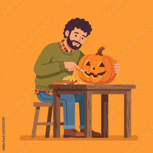 Man Carving Halloween Pumpkin Flat Vector Illustration
