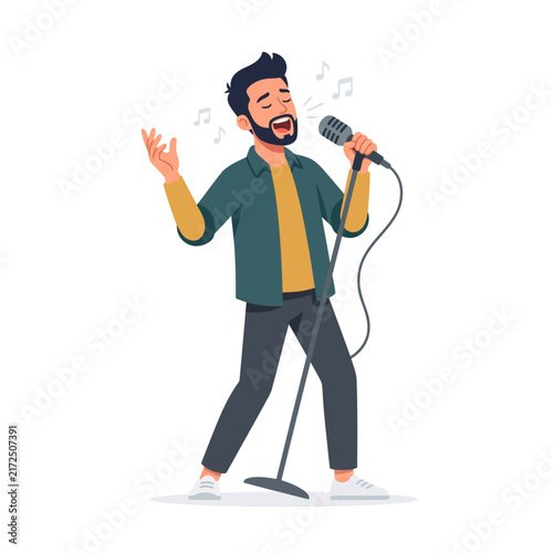 Male Singer Performing with Microphone Flat Vector Illustration
