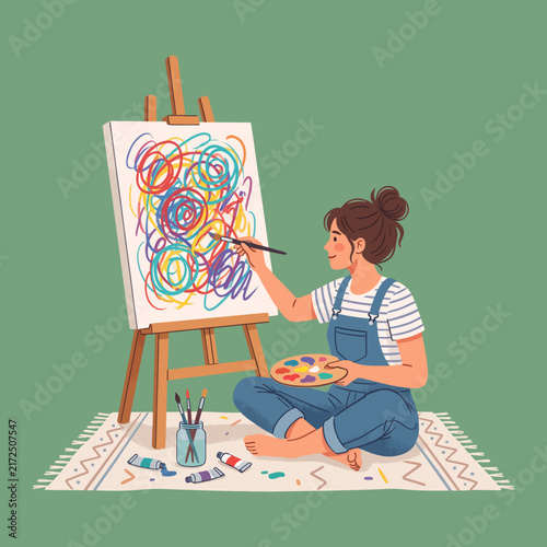 Artist Painting on Canvas Flat Vector Illustration