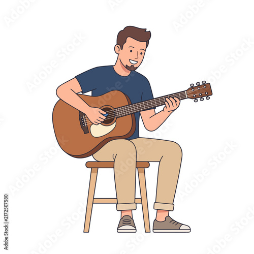 Man Playing Acoustic Guitar Flat Vector Illustration