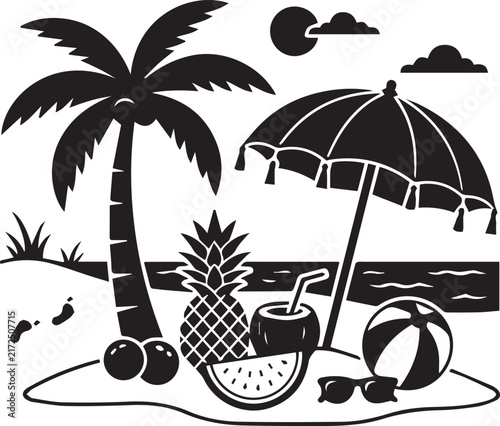 Tropical beach summer vacation silhouette scene featuring palm tree umbrella and exotic fruits for travel ad.