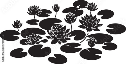 Water lily silhouette with blooming lotus flowers and pads design for botanical laser cutting and stencil.