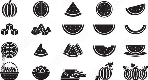 Watermelon fruit icon set with various slices and shapes silhouette for healthy food labels and farm market.