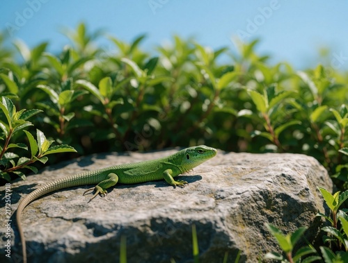 Green lizard basks on sunlit rock amongst lush green foliage. Reptile rests on stone surface, vibrant scales catching sunlight, warm day in nature.