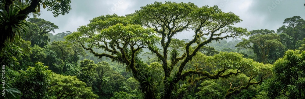 Fototapeta premium Dense tropical jungle canopy with green trees under overcast sky. Large mossy branches spread wide in wild rainforest. Exotic vegetation grows in thick forest wilderness. Natural landscape shows