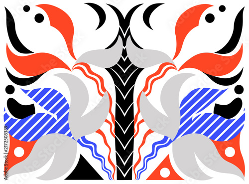 Decorative vector pattern background featuring symmetrical abstract bird motifs, botanical elements, and striking shapes