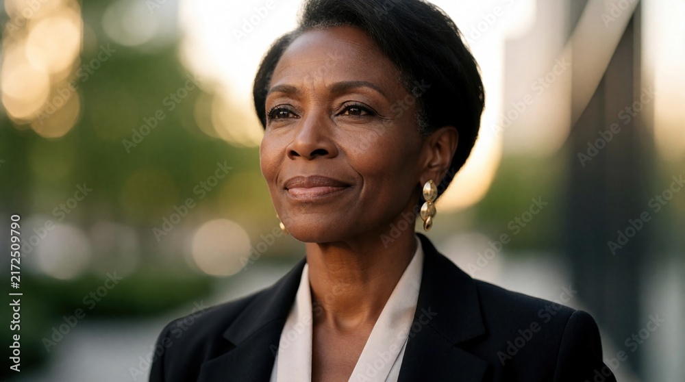 Fototapeta premium Confident mature Black woman smiles thoughtfully in pro business attire. Successful female leader looks ahead with calm expression during outdoor city walk. Elegant senior entrepreneur represents