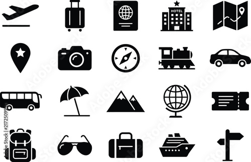 Tourism and travel icon set with black vector symbols for holiday planning vacation route navigation guide map.