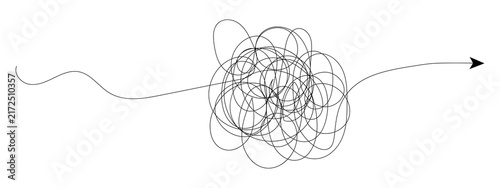 Obraz na plátne Black tangled line scribbled into a knot that becomes a straight path with an ar