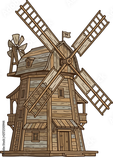 Traditional wooden windmill with large blades stands as a symbol of rural.