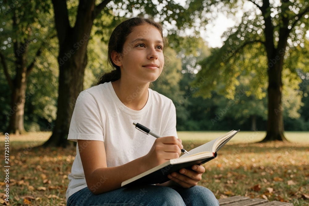 Fototapeta premium Teenage girl sits on bench in public park writing in notebook with pen. Young student stays focused journaling thoughts outdoors. Creative girl enjoys peaceful moment among green trees, sunlight.