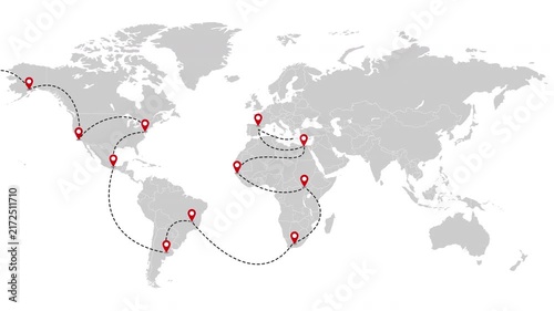 World map animation delivery. Map delivery route points with alpha channel. World map with travel routes and delivery of goods on all continents of the world. Motion design.