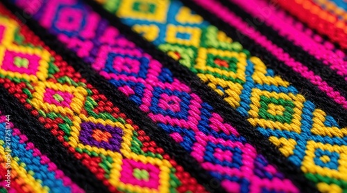 Bright woven fabric bands feature geometric patterns in vibrant colors like pink yellow blue and green. Close up view shows intricate detailed stitching on textile material.