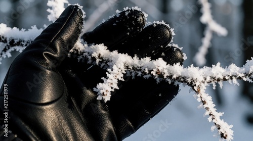 Black glove grips frosty tree branch covered in ice crystals. Winter forest scene shows delicate snowflakes and extreme cold natural beauty, protecting hand from chill.