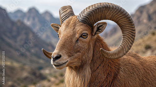 Barbary sheep Ammotragus lervia majestic ram with large horns in mountain landscape