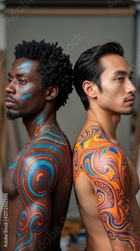 Two shirtless men standing back to back with colorful abstract body paint and tattoos