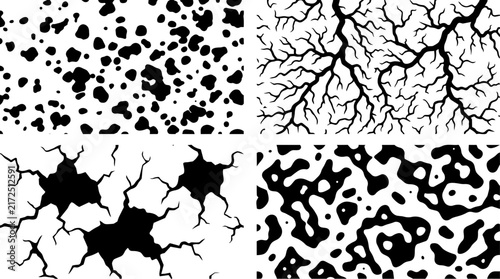 Abstract black and white vector graphic pattern set featuring organic shapes cracked textures and flowing silhouettes