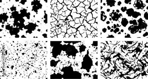 Black and white distressed vector textures featuring various abstract shapes for creative graphic design project backgrounds