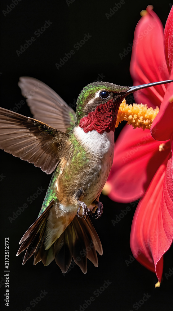 Naklejka premium Hummingbird (Archilochus colubris) hovering and drinking nectar from a bright red flower