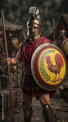 Ancient Greek Spartan Soldier in Armor Holding Spear and Rooster Shield