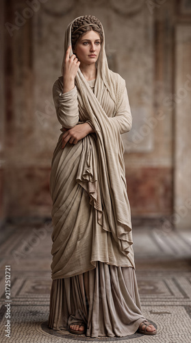 Roman woman in historical toga and veil standing inside ancient villa