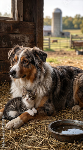 Australian Shepherd  dog cuddling domestic cat in barn