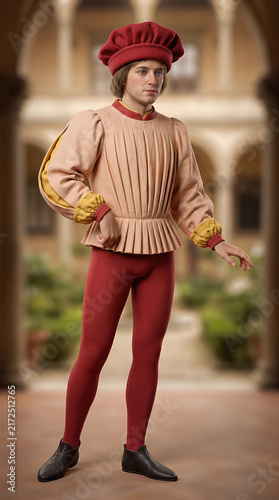 Renaissance man in historical costume with doublet and tights in palace courtyard