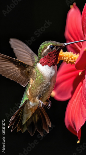 Hummingbird (Archilochus colubris) hovering and drinking nectar from a bright red flower