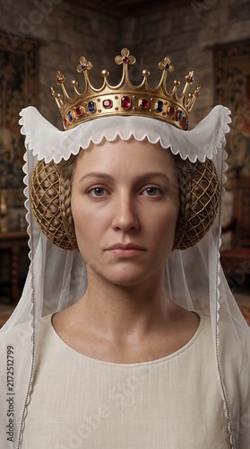 Medieval queen portrait with crown and headdress in historic castle interior